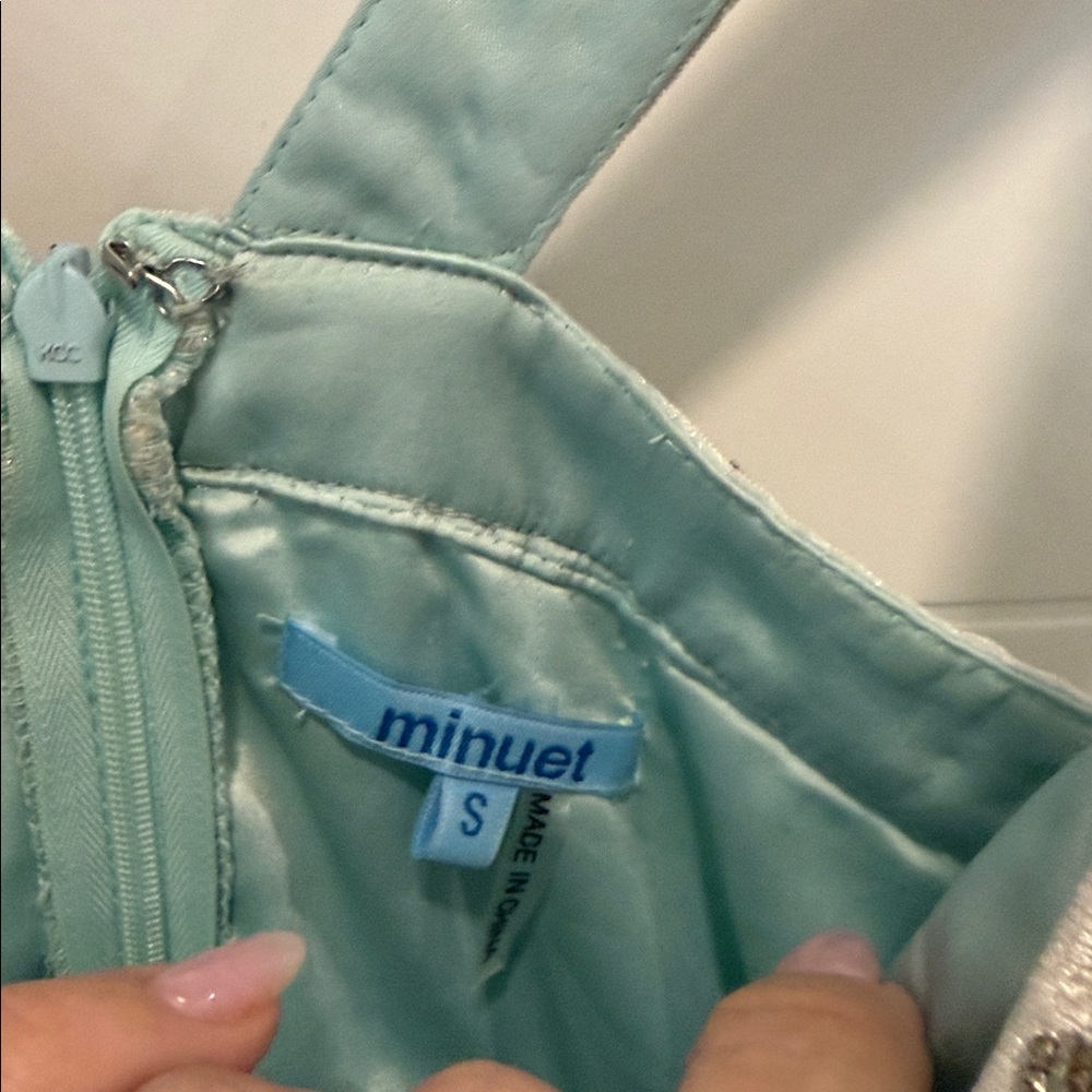 Minuet Petite Mint Green Satin Dress with Beaded Trim size small - Picture 6 of 9